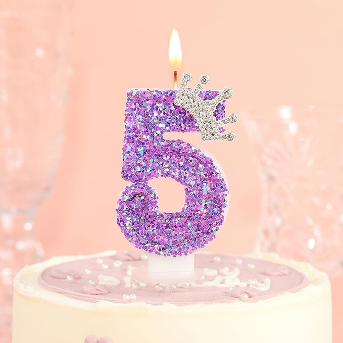Birthday Number Candles,Purple Crown Birthday Candles for Cake,Glitter Number 5 Candle Cake Topper with Sequins for Anniversary Celebrations Supplies