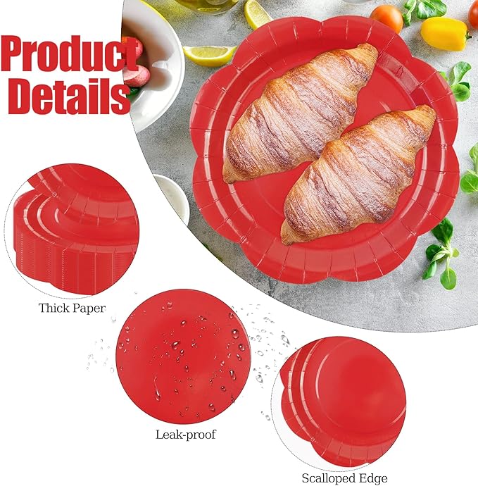 30 Pack Red Paper Plates 9 Inch, Disposable Scalloped Plates Cake Dessert Plate for Dinner Baby Shower Wedding Bridal Shower Birthday Party Supplies (Red, 9 inch)