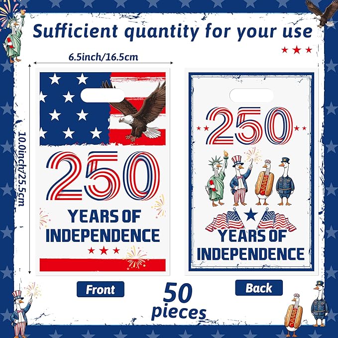 Andi Cppss 250 Years Party Favor Bags - 50PCS 250 Years Patriotic Theme Plastic Gift Bags with Handles 4th of July Goodie Treat Snack Candy Bag for Independence Memorial Day Party Supplies Decorations