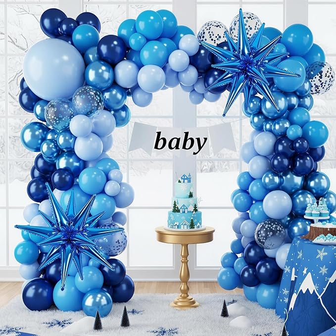 RUBFAC 140pcs Blue Balloon Garland Arch Kit, Metallic Blue Confetti Star Latex Navy Balloons for Winter Wonderland Baby Shower Birthday Christmas New Years Eve Graduation Anniversary Decorations