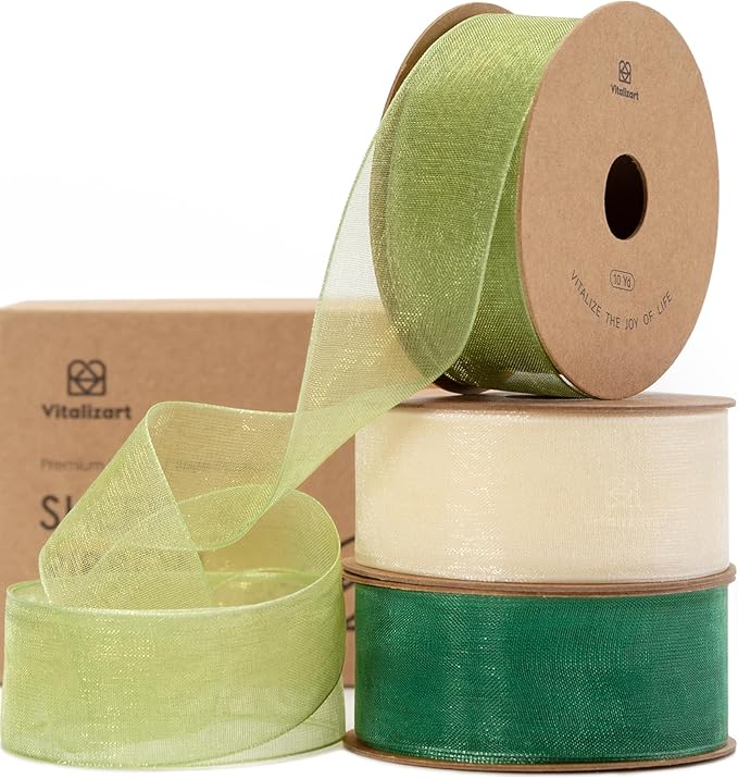 Vitalizart Green & Cream Ribbon Organza Sheer Ribbon 1 inch x 30 Yd Handmade Fabric Ribbons for Gift Wrapping Christmas Tree Crafts Bows Wedding Invitations Wreaths Wrap Sage Emerald