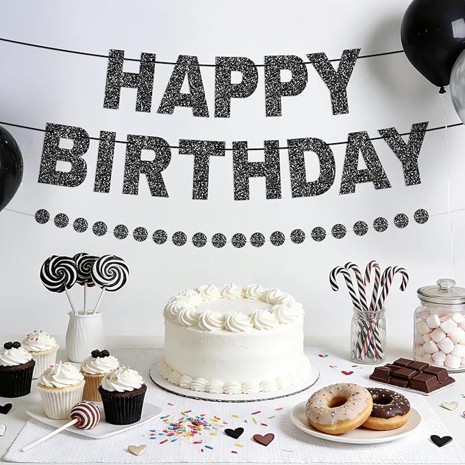 Happy Birthday Banner Pre-Strung Birthday Party Decorations NO DIY Glitter Happy Birthday Sign Circle Dots Garland Birthday Hanging Decorations for Women Men Birthday Party Supplies (Black)