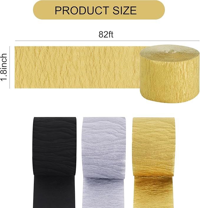 BEISHIDA 8 Rolls Black Gold Silver Crepe Paper Streamers for Graduation Birthday Newyear Party Decorations, DIY Craft Paper(1.8 Inch x 82 Ft/Roll)