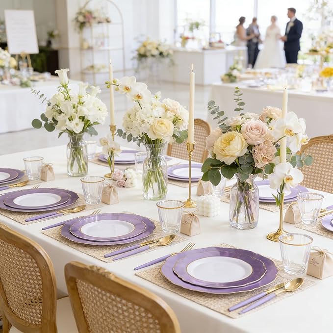 WDF 60pcs Purple Plates Disposable with Gold Rim - Baroque Light Purple Plastic Plates - Lavender Plates for Spring/Wedding/Birthday
