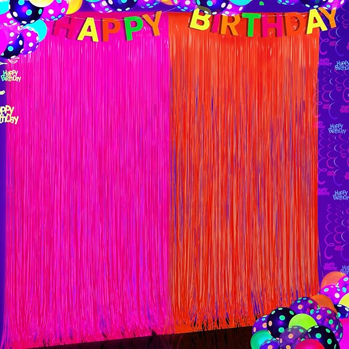 Glow in The Dark Party Supplies 2 Pack Neon Party Decorations Fluorescent Tinsel Foil Fringe Curtains Photo Booth Prop Backdrop Streamer Blacklight Decorations (Neon Hot Pink+Neon Orange)