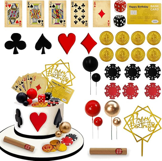 34PCS Casino Birthday Cake Decoration Dice Poker Chips Cupcake Cake Topper Set Ball Cake Topper Playing Card Game Theme Picks for Las Vegas Scene Birthday Party Decoration Supplies