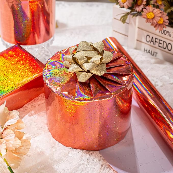 Burymento Rose Gold Wrapping Paper Roll, Metallic Holographic Star Gift Wrap for Birthday, Valentines, Mothers day, Graduation, Wedding, Fathers day, Baby Shower, Christmas (17 IN x 32.8 FT)