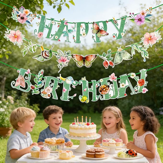 SUNBEAUTY Wildflower Happy Birthday Banner Sage Green Floral Flower Party Decorations Butterfly Flower Banner Summer Spring Butterfly Birthday for Women Girl Baby Shower Garden Tea Party Supplies | Pre-Strung