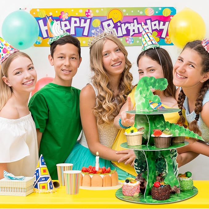 Censen Dinosaur Cupcake Stand Pixel Dino Cupcake Holder Cake Stands Dessert Tower Toppers Dinosaur Pixel Theme Birthday Party Decorations for Baby Shower Party Supplies