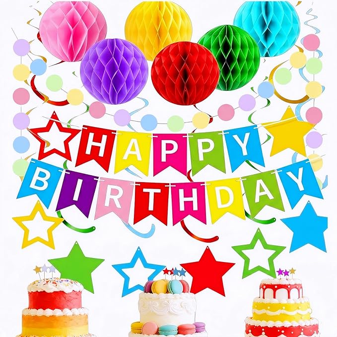 Happy Birthday Decorations, 50Pcs Rainbow Happy Birthday Banner Decorations for Men Women Party Supplies