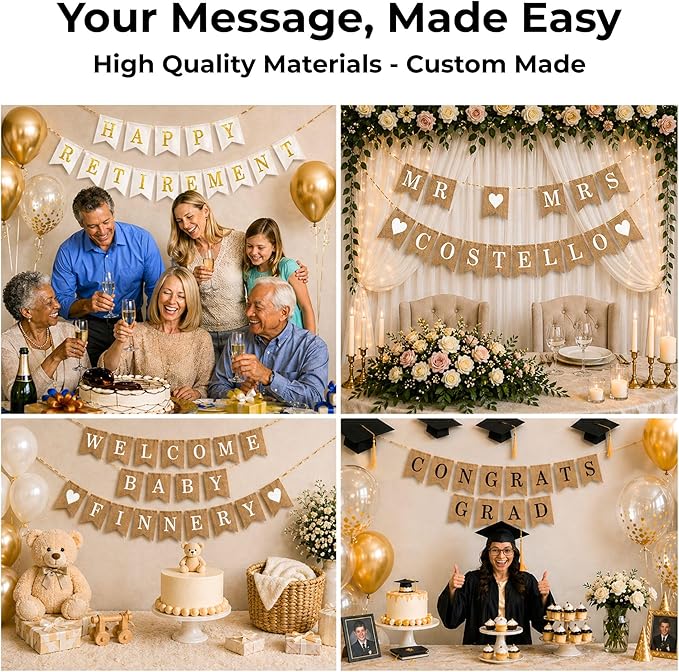 Custom Banner with Letters – Personalized Burlap or White Canvas Banner, Premium Durable Fabric, Neutral Party Decor, Choose Your Message, DIY or Pre-Strung Option, Made For You
