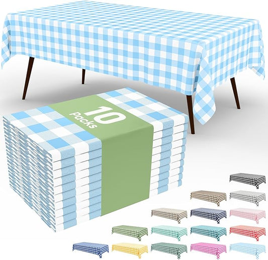 Smiry 10 Pack Baby Bule Gingham Disposable Tablecloths - 54" x 108" Heavy Duty Plastic Table Cloth, Waterproof Buffalo Plaid Table Covers for Picnic, Banquets, Parties