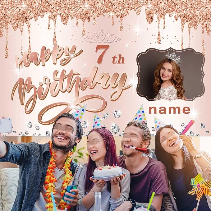 Dicodes Customizable Rose Gold Happy 7th Birthday Decoration Banner - Personalized with Name and Photo(7th)
