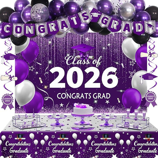 Graduation Decorations 2026, Graduation Decorations Class of 2026 Purple and Silver Congrats Grad Backdrop Tablecloths Banner Balloons for Graduation Party Decorations 2026 Graduation Decor