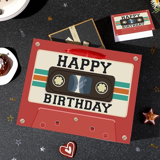 Tape Cassette Birthday Gift Bag Red Retro Tape Birthday Party Favor Bags with Tissue Paper and Greeting Card Vintage Mixtape Gift Wrapping Paper Bag for Men Women 50s 60s 70s 80s 90s Music Bday Gifts