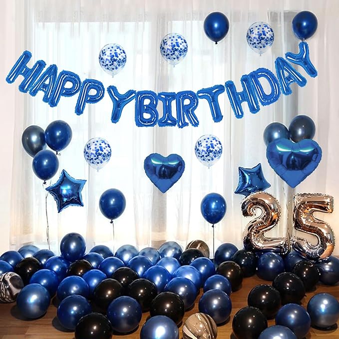 CANREVEL Happy Birthday Balloons Banner 16 Inch Mylar Foil Letters with Star & Heart Balloons Birthday Party Decorations for Men and Women - 30 Pcs Blue