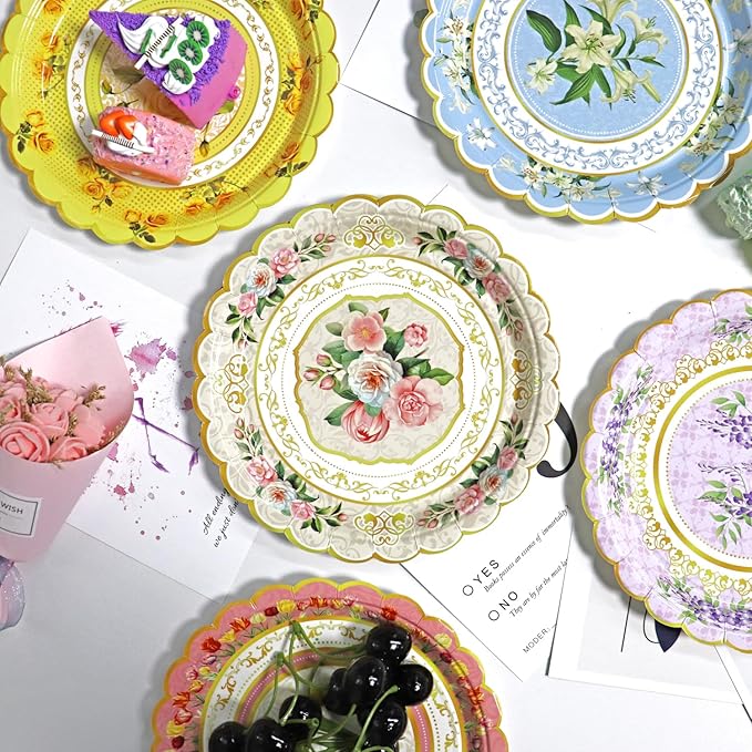 84-Pack Floral Paper Plates, Tea Party Decorations, 7 Inch Disposable Floral Plates for Tea Party, Baby Shower, Bridal Shower, Birthday, Wedding and Any Celebration