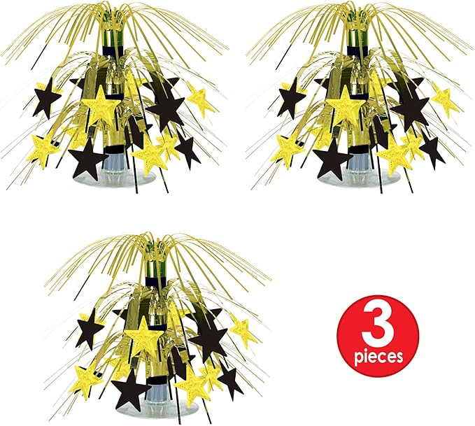Beistle S54669BKGDAZ3 Star Mini Cascade Centerpieces 7.5" (Black/Gold), Pack of 3