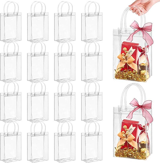 Jutieuo 24 PCS Clear Gift Bags with Handles, 4.9 x 7.5 x 3.2 Inches Reusable Plastic Goodie Bag Transparent Party Favor Bags Bulk for Weddings Birthdays Events, Classrooms & Celebrations