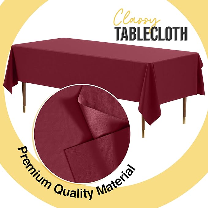 Exquisite 66% Thicker Premium Plastic Table Cloth Rectangle Table Cover 0.5 Mil 24 Pack Burgundy Table Cloth 54 Inch x 108 Inch Disposable Tablecloth Won't Tear Easily Like Cheap Thin Brands