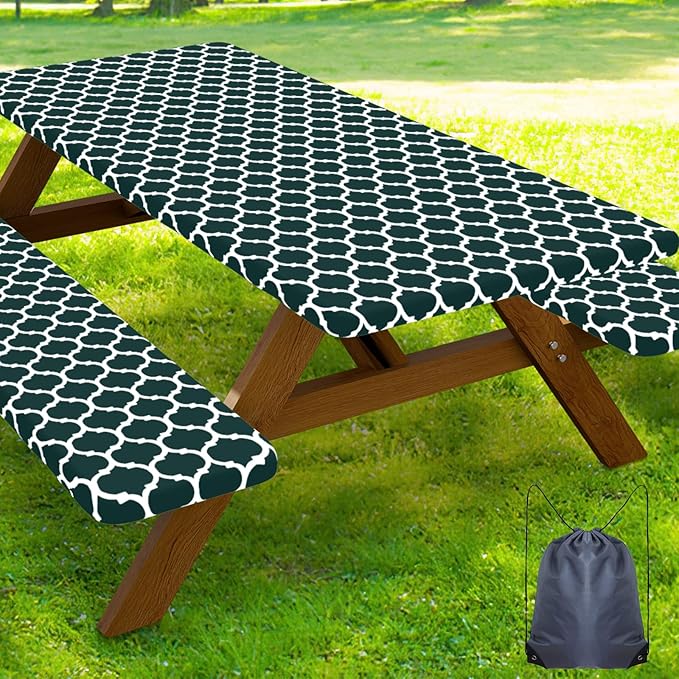 Smiry Picnic Table Cover with Bench Covers, Waterproof Elastic Fitted Tablecloth for 8 Foot Tables, Washable Polyester Tablecloths for Camping, Indoor & Outdoor (Hunter Green, 30x96 Inch 3-pc Set)