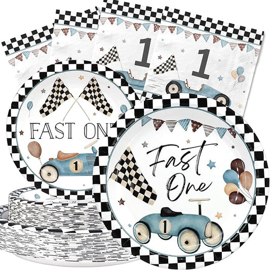 Celee Fast One Birthday Party Supplies for 40 Guests – Race Car Plates and Napkins– Boys 1st Birthday Disposable Tableware Set