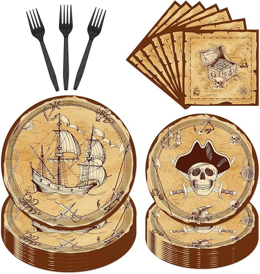 Gameza Pirate Party Plates and Napkins Supplies, 96PCS Pirate Birthday Party Decorations, Disposable Tableware Set Baby Shower Serve 24