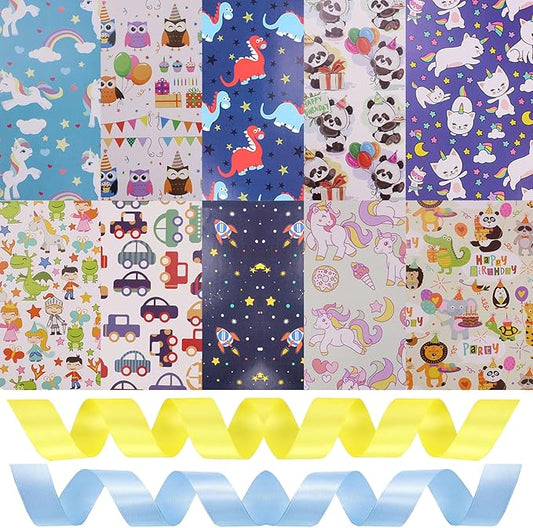 SIWRIOM Gift Wrapping Paper 10 Pack - Large 28 x 20 Inch Gift Wrap Sheets Happy Birthday Cartoon Pattern Designs for All Festive Present Decorations
