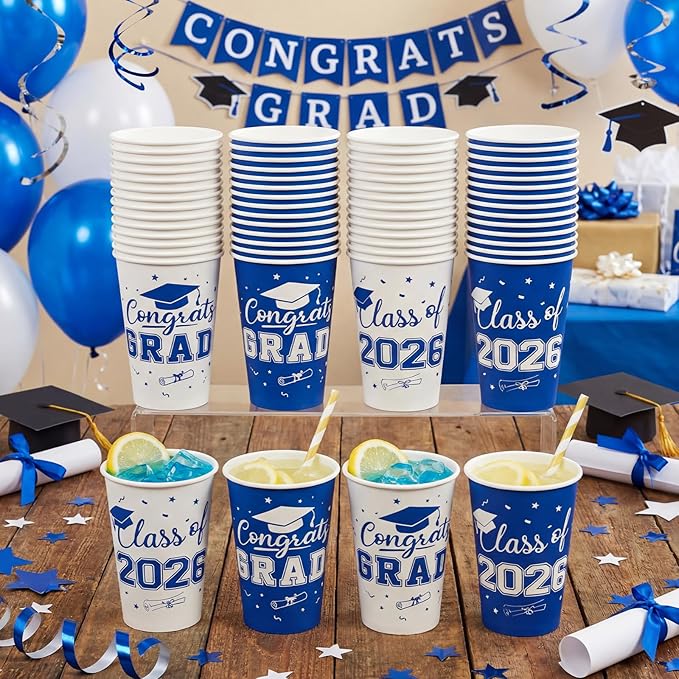 LemonRoad 60 Pcs 12 oz Graduation Paper Cups 2026 Blue and White Graduation Decorations Class of 2026 Grad Cups Congrats Grad Party Disposable Tablewares for School Party Supplies Home