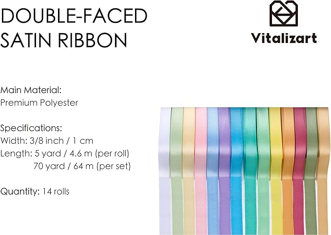 Vitalizart Pastel Satin Ribbon 3/8” x 14 Rolls 70 Yards Ribbon for Gift Wrapping Hair Craft Party Decoration Flower Bouquet Wedding Double Face Assorted Color