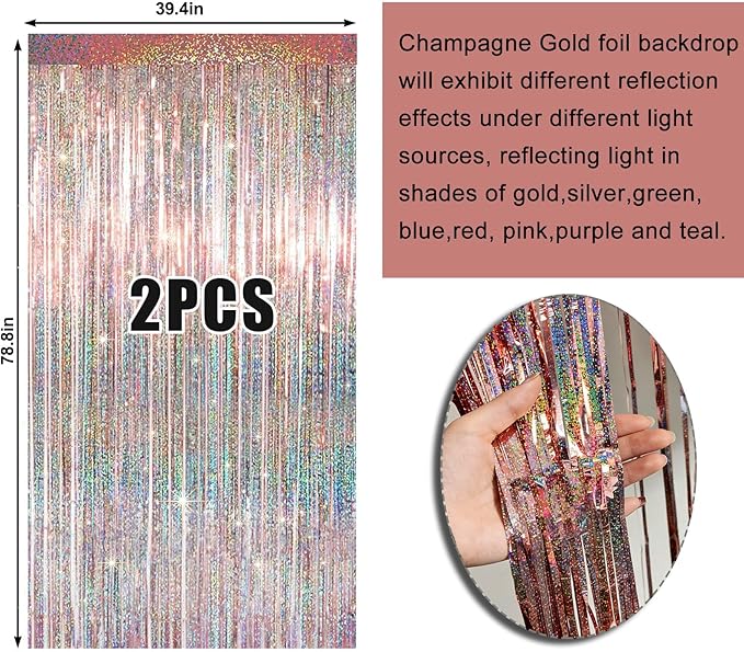 4 Packs Rose Gold Foil Fringe Curtain, Rose Gold Glitter Metallic Tinsel Backdrop for Birthday Wedding Bridal Baby Shower Engagement Bachelorette Party Decorations Supplies