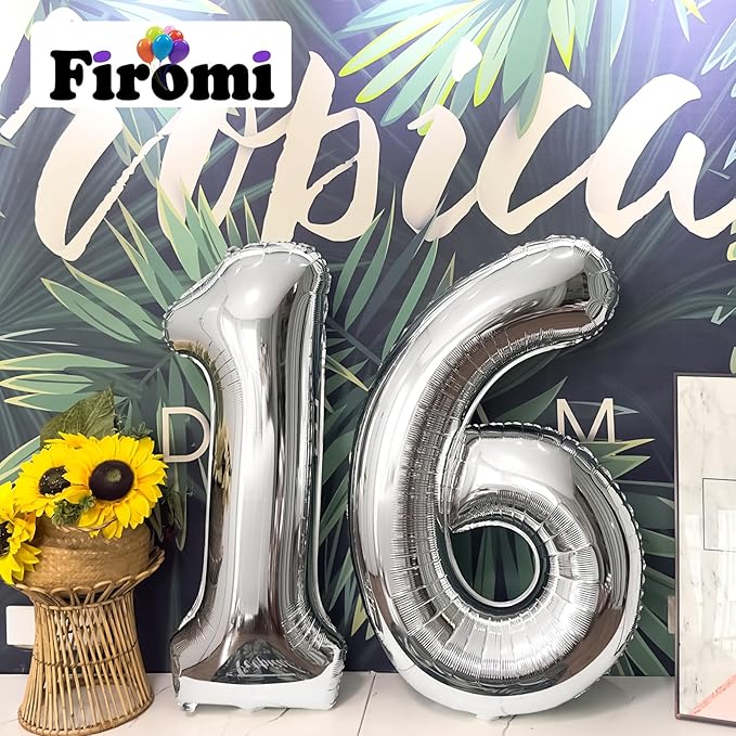 FIROMI 16 Number Balloons Silver Big Giant Jumbo Huge Foil Mylar 16 Balloon Numbers for 16th Birthday Party Anniversary Events Decorations 40-inches