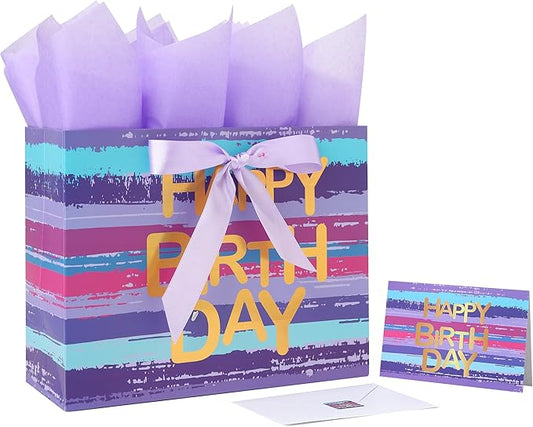 13" Large Purple-blue Multicolor Watercolor Gift Bag Set with Greeting Card and Lavender Tissue Papers (Gold Foil ‘Happy Birthday’) for Women's or Men's Birthday Party, Girls', Boys' or Kids' Party,