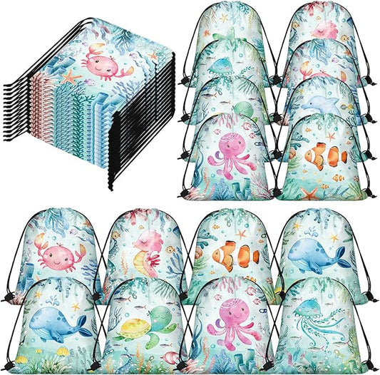 Sanwuta 18 Pcs Under the Sea Party Favor Bags Goodie Ocean Gift Drawstring Bags Beach Sea Animal Candy Treat Drawstring Backpack for Summer Birthday Party Decor Baby Shower Supplies (Modern Style)