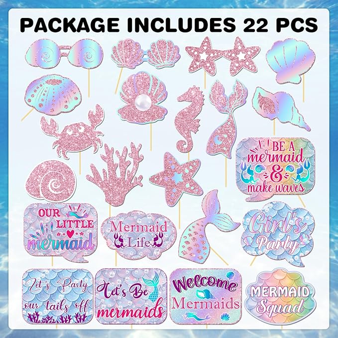 22 Pcs Mermaid Photo Booth Props, Pink Glitter Mermaid Props Kit with Ocean Theme, 5th 10th Birthday Party Favors Decorations Supplies