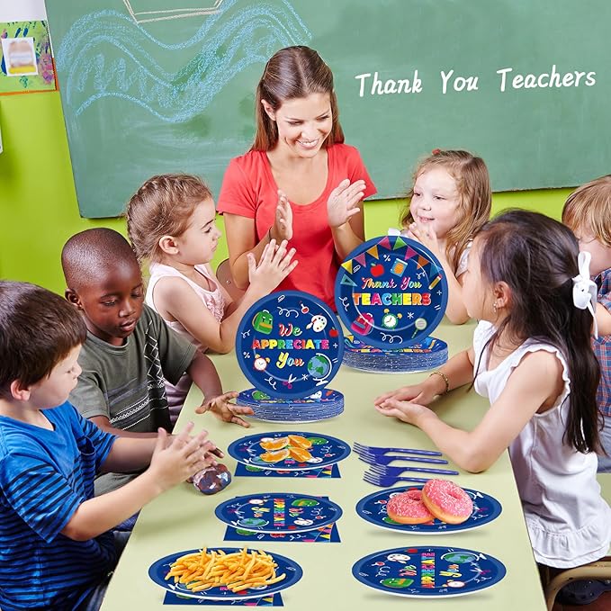 Qyeahkj 100 Pcs Thank You Teachers Decoration for We Appreciation You Paper Plate Napkin Set Graduation Be Thankful to Teacher Table Supplies Thank You Plates Teachers Day Tableware Decor Serves 25