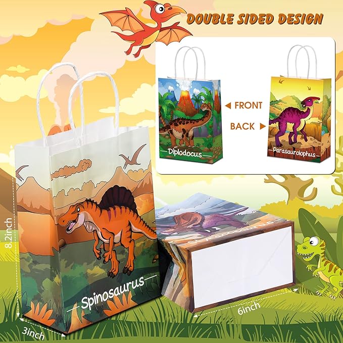 Pajean 24 Pcs Dinosaur Candy Bags with Handle, Dinosaur Party Favor Paper Bags Kids Gifts Goodie Treat Wrapping for Boys Girls Dino Theme Birthday Baby Shower Party Supplies(Vivid Style)