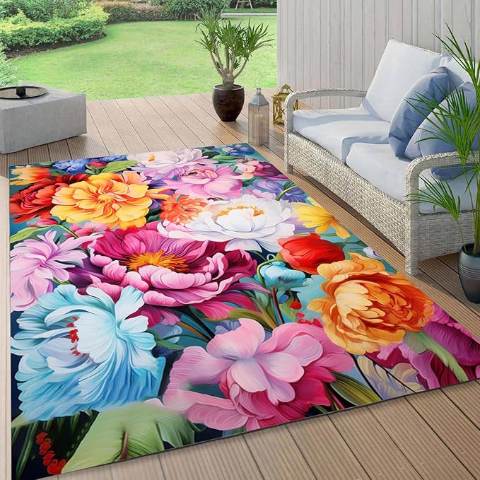Floral Outdoor Rug Vibrant Waterproof Non Slip Patio Rugs for Balcony Garden Camping Poolside 7x12 Machine Washable Porch Deck Flower Print Outside Carpet Vintage Bathmat Orange Pink