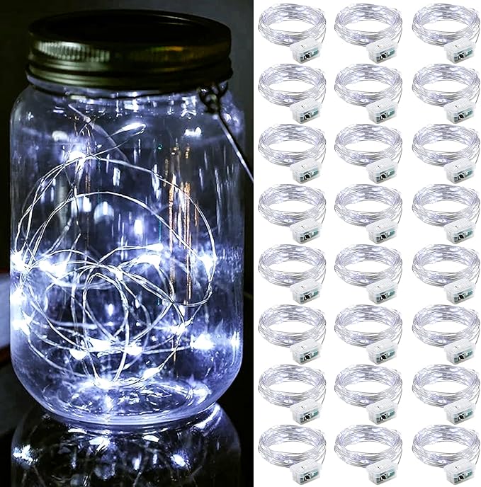 ZGWJ 24 Pack Fairy Lights Battery Operated, 7FT 20LED Mini Fairy String Lights Silver Wire 3 Modes for DIY, Parties, Wedding, Bedroom, Halloween Christmas Decoration- Cold White