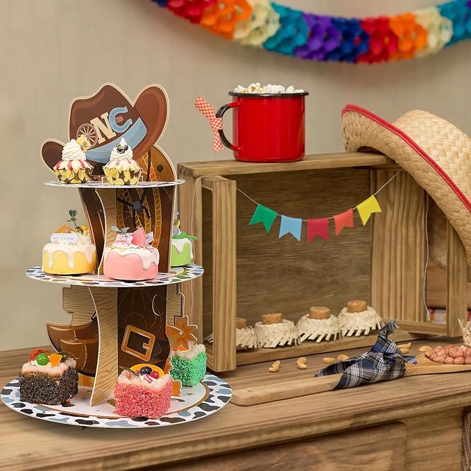 Zopeal 3 Tier My First Rodeo Decoration Cupcake Stand Western Birthday Cupcake Holder Cowboy Cake Holder Cowboy Dessert Stand for Wild West Boy Baby Shower Birthday Party Supplies