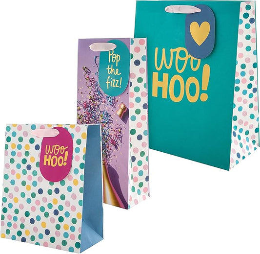 Hallmark Gift Bags, Pack of 3 in Medium, Large and Bottle sizes, 3 Bright Multicoloured Designs, Birthday, Celebration, Congratulations, Anniversary, Green, Pink, White, Yellow