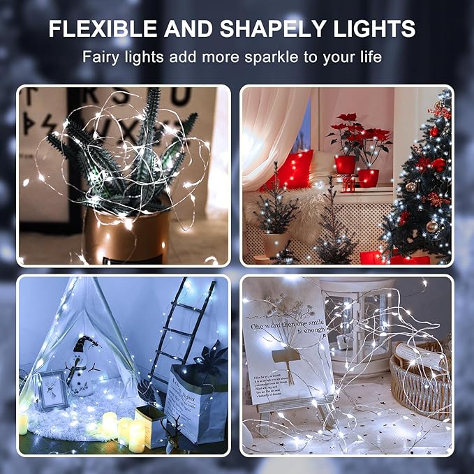 Aogist 50LED Fairy Lights 16ft Dual Power(USB/Battery) with Remote & Timer, 8 Modes Flexible Copper Wire Waterproof String Lights for Outdoor Christmas Wedding Bedroom Party Decor-1 Pack,White