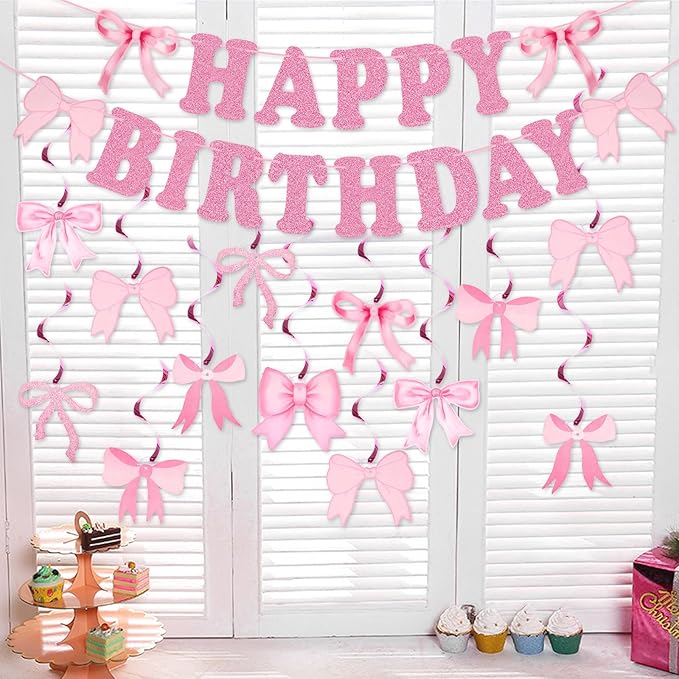 jijAcraft Pink Happy Birthday Banner, Pink Bow Party Banner with 14Pcs Bow Swirls Hanging Garland, Girl Baby Shower Garland, Coquette Birthday Decoration for Wall, Fireplace, Window