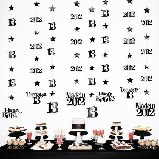 12PCS Black 13th Birthday Decorations Number 13 and 2012 Star Garland Streamer Banner Backdrop for Girls Boys Cheers to 13 Years Birthday Vintage Made in 2012 Official Teenager Party Decor Supplies