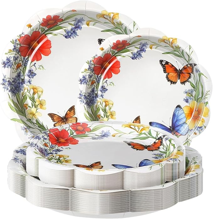 Zhehao 50 Pcs Wildflower Party Paper Plates 7 Inch 9 Inch Floral Butterflies Disposable Dessert Plates Flower Tea Party Tableware for Spring Summer Bridal Baby Shower Birthday Supplies Decors