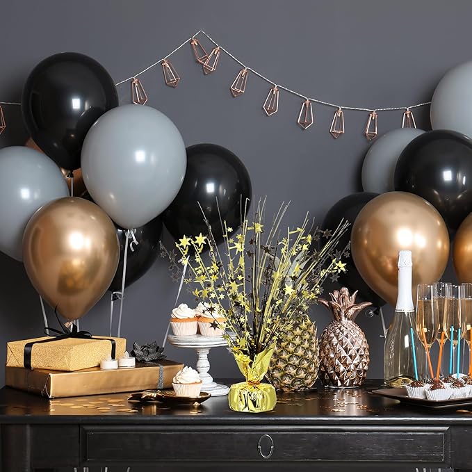 Crowye 6 Pcs Metallic Foil Spray Centerpiece Party Star Decoration Table Decor for Birthday Wedding Graduation Bachelorette Spring Party Holiday(Black Gold,Small Star)