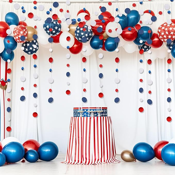 Outus 5 Pieces Blue,White,Red Round Dots Garland Graduation Party Hanging Decor Each Length 13.1ft Glitter Paper Dot Streamers for Birthday Wedding Classroom Supplies