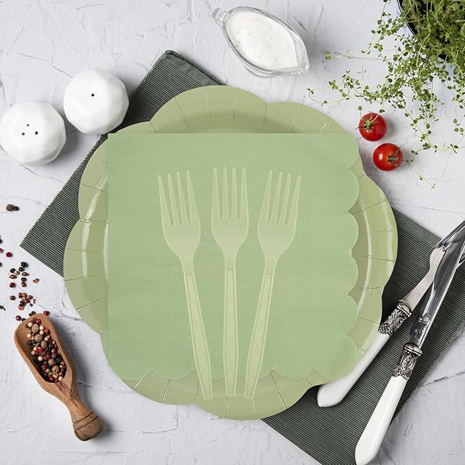 75 PCS Sage Green Paper Plates and Napkins Party Supplies, Green Scalloped Plates Napkins Forks Disposable Tableware Set for Bridal Baby Shower Wedding Birthday Party Decorations