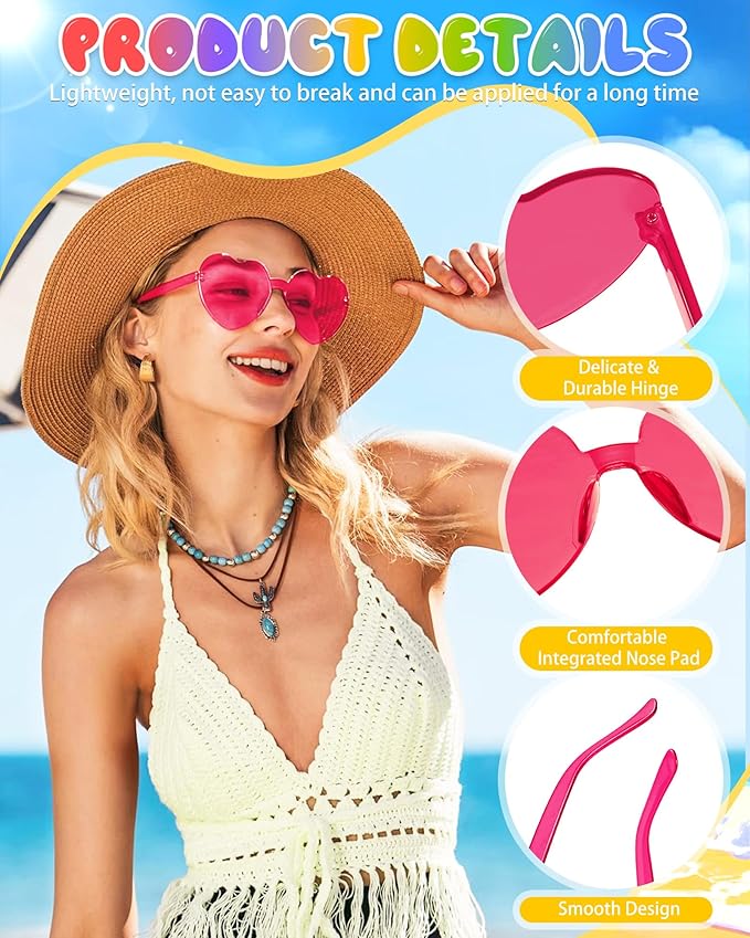 12 Pairs Heart Shaped Sunglasses Candy Color Rimless Fun Heart Glasses for Women Party Favors