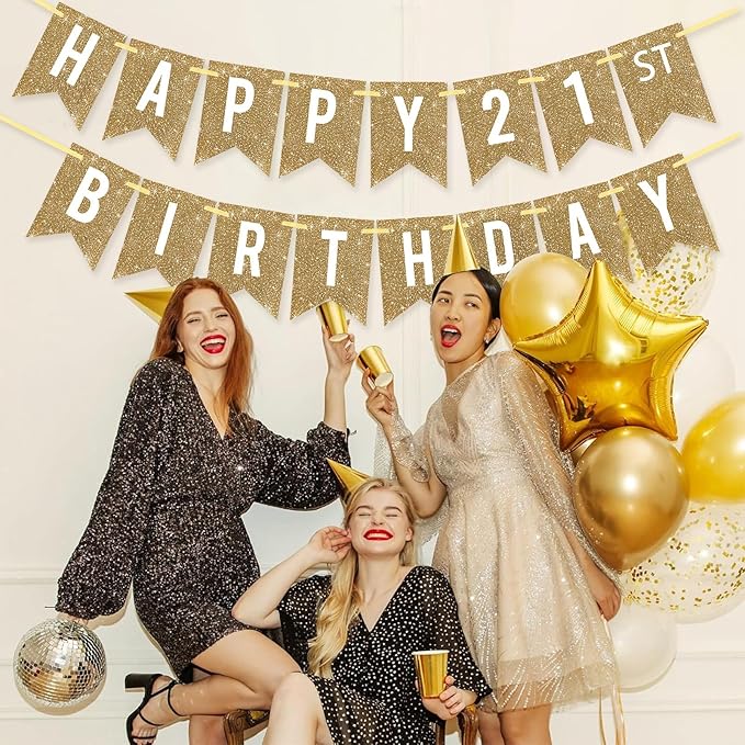 Netnology Pre-Strung Gold Happy 21st Birthday Banner Decorations,12 ft No DIY Gold Glitter 21st Birthday Party Banner Sign Decor for Women Men Girl Boy Party Supplies